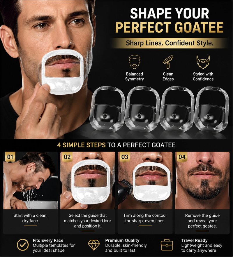 HORWIA 5Pcs Beard Shaper,Goatee Beard Styling Stencils Different Size,Beard Lineup Tool,Precision Goatee Template for Clean Sleek Stylish BeardLines for Man (White)