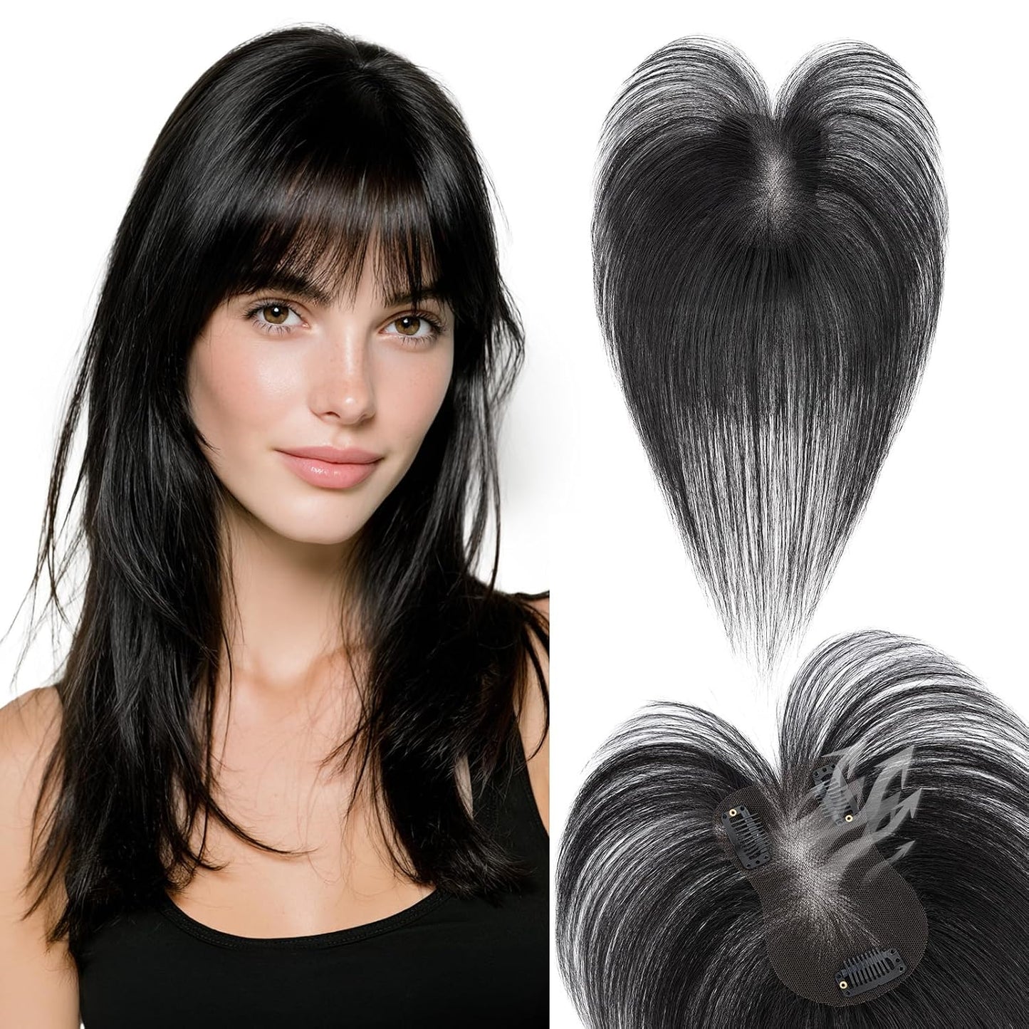 Human Hair Topper for Women - Lace Clip-In Hairpiece for Thinning Hair | Volume Boosting, 11 Inch Natural Black