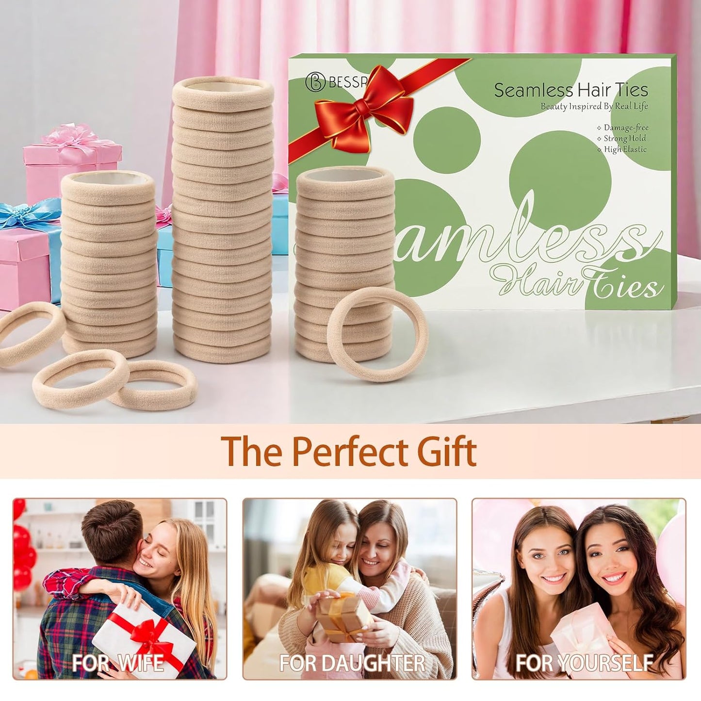 Bessrung 100 PCS Seamless Nylon Hair Ties - No Damage, Soft & Stretchy Ponytail Holders | Beige