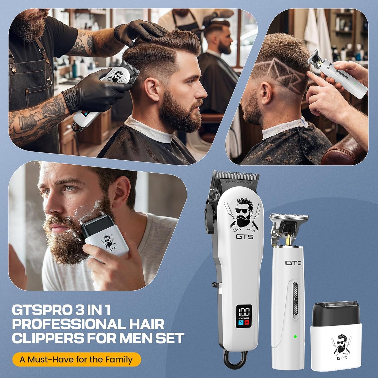 Professional Hair Clippers for Men - Cordless Haircut Kit with Beard Trimmer & IPX7 Shaver | Rechargeable, LED Display, Home Use, White