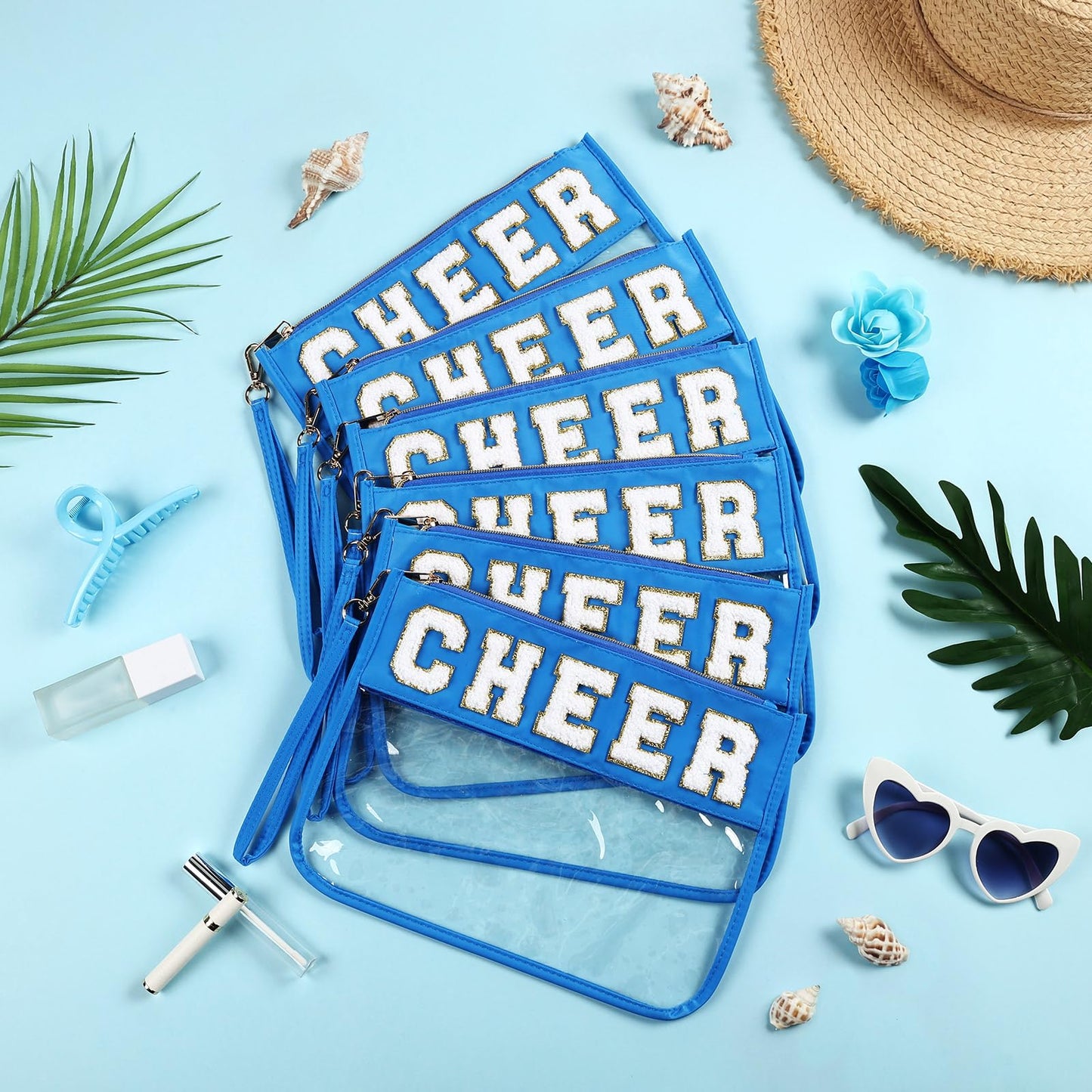 Kacctyen 6 Pcs Cheer Bags Chenille Letter Clear Dark Blue Makeup Bag with Zipper Waterproof Cosmetic Toiletry Pouch with Handle Gym Travel Summer Gifts for Women Girls(Dark Blue, Cheer)