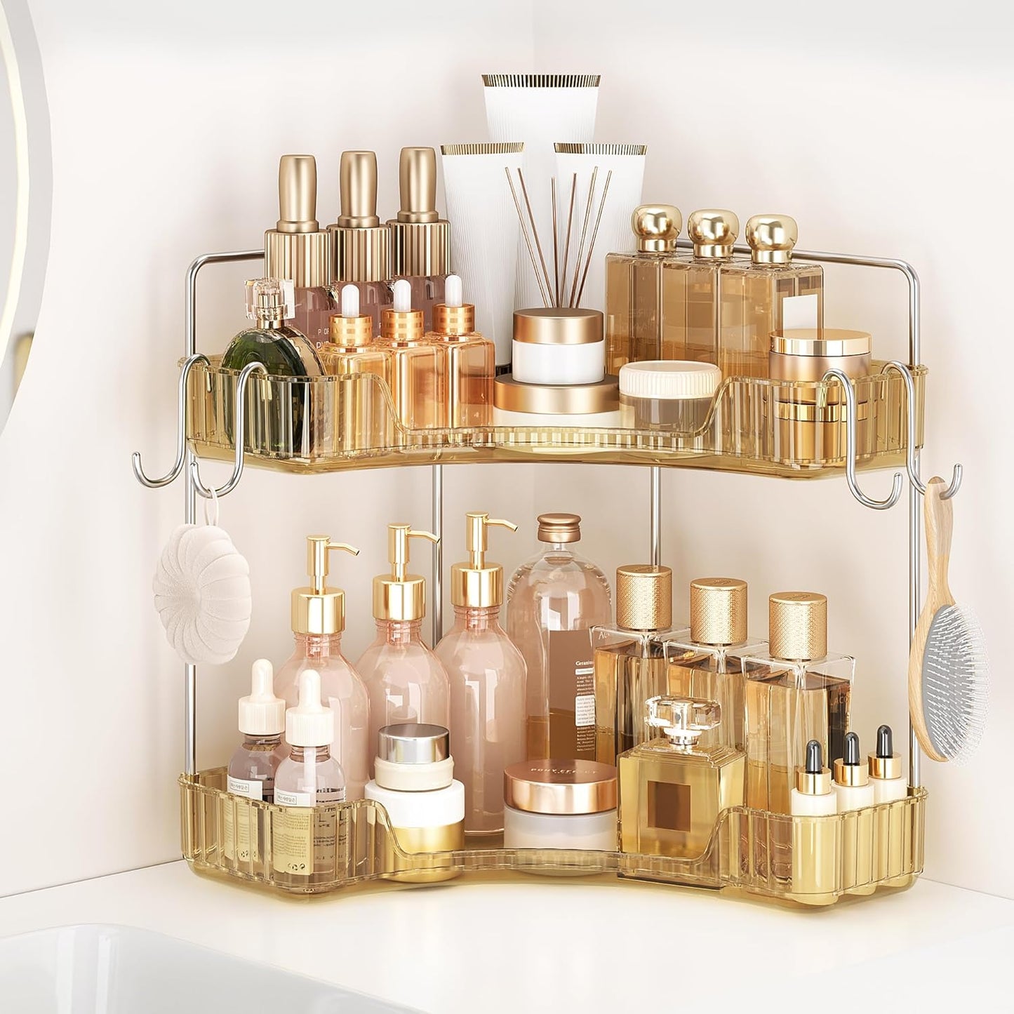 Corner Bathroom Counter Organizer - 3-Tier Storage Shelf with Hooks for Makeup & Skincare | Clear
