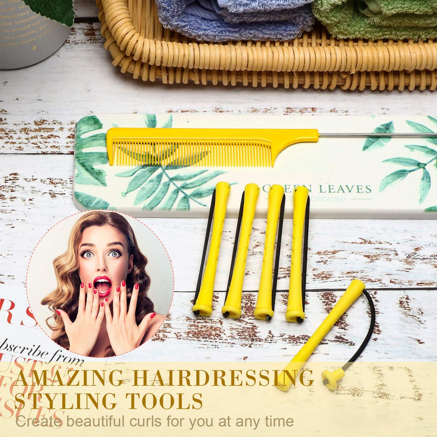 24 Pcs Hair Perm Rods - Plastic Cold Wave Curlers with Steel Pintail Comb | Yellow, 0.28 Inches