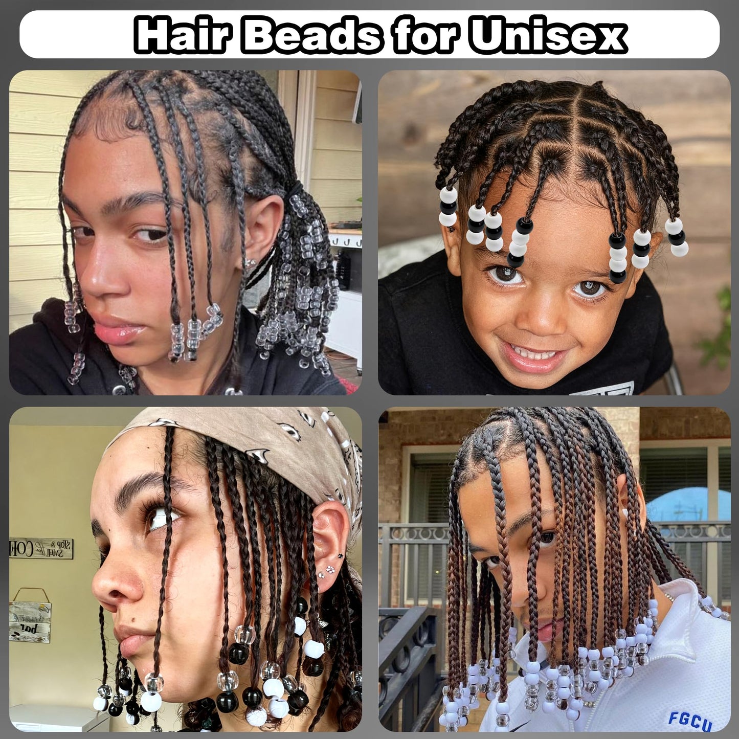 NAISKA 60PCS Black Hair Beads Clear Braids Beads Acrylic Round Loc Bead White Large Hole Dread Bead Versatile Dreadlock Accessories for Unisex