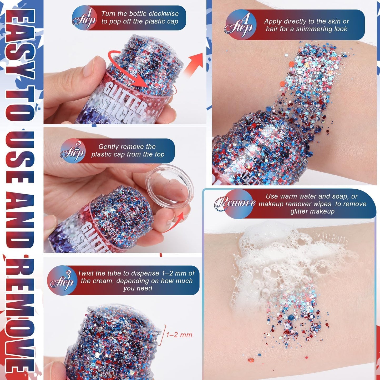 DAGEDA Red White Blue Face Body Glitter Stick,4th of July Accessories Sparkling Hair Glitter Makeup,Patriotic Red White Blue Patriotic Accessories,Fourth of July Outfit Flag Glitters Makeup(Cheers)