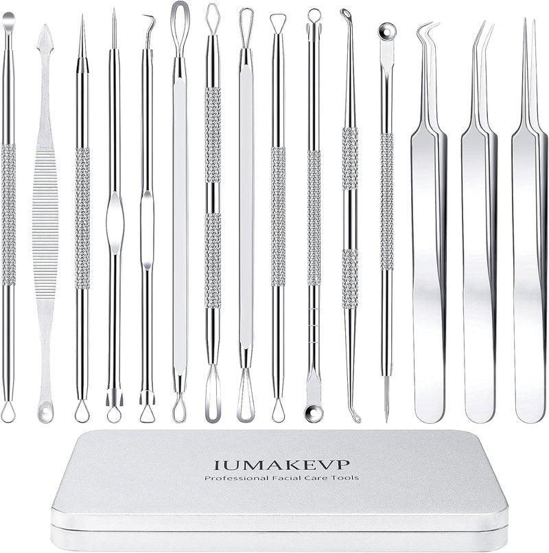 Pimple Popper Tool Kit - 15 PCS Professional Stainless Steel Blackhead Remover Set | Acne Extraction Tools in Metal Case (Silver)