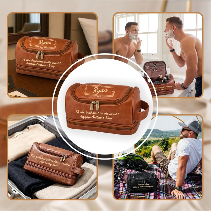 Personalized Toiletry Bag for Men, Custom Toiletry Bag Engraved with Name Text, Mens Leather Travel Shaving Dopp Kit, Personalized Fathers Day Birthday Gifts for Men Dad Husband Grandpa (Style 2)