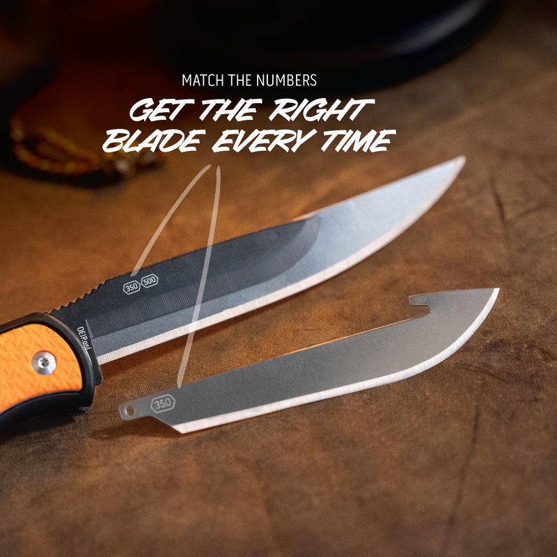 OUTDOOR EDGE RazorBone Replaceable Blade Folding Hunting Knife with Clip & Sheath, 3 Butcher Knife Blade Styles - Boning, Gutting, & Skinning Knives. Blaze Orange, Camo Sheath, 6 Blades & Blade Box