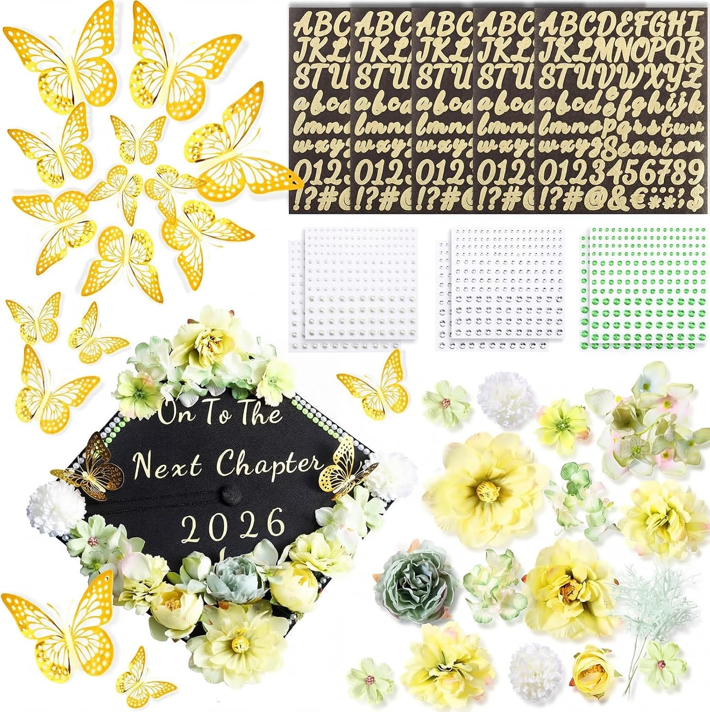 DIY Graduation Cap Decorations Kit - Faux Flowers, 3D Butterflies & Rhinestones | Pink Grad Cap Topper for 2026
