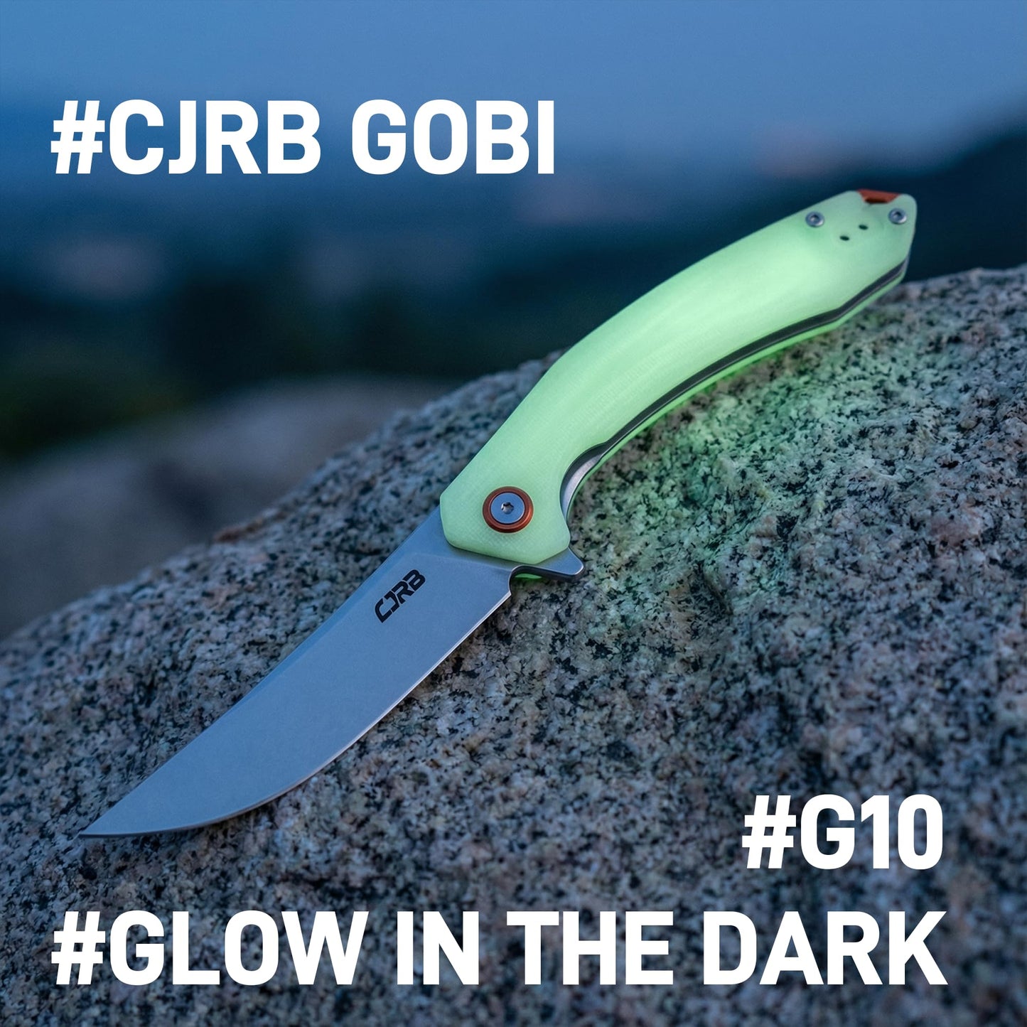 CJRB Gobi G10 Glow in the Dark Handle Folding Pocket Knife, 3.5'' AR-RPM9 Steel Blade Manual EDC Knife with Liner Lock for Outdoor Camping Hiking Fishing(J1906-GD)