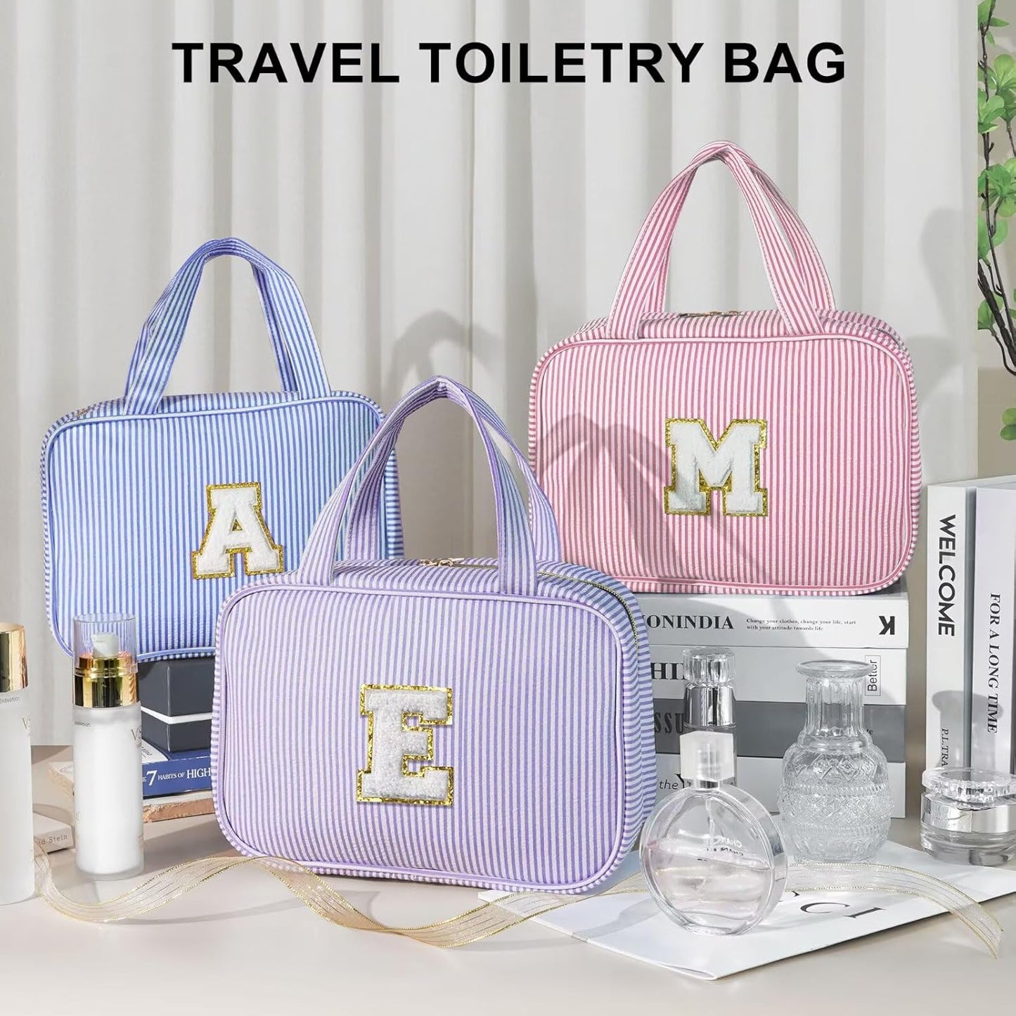 Travel Hanging Toiletry Bag - Personalized Initial Makeup Pouch for Women & Teens | Cruise Essentials - Blue A