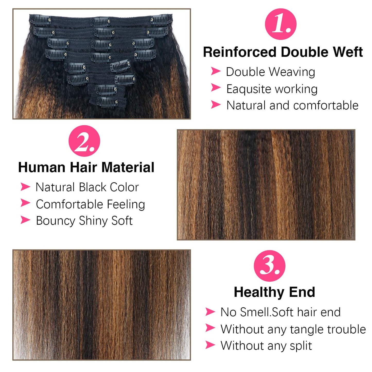 F1B/30 Omber Kinky Straight Clip in Hair Extensions Real Human Hair For Women Highlight Hair Extensions Kinky Straight Clip ins(20inch,T1BP1B/30)