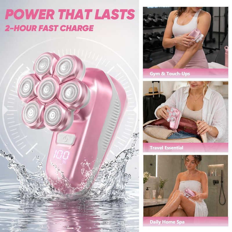 Electric Shaver for Women, Electric Razor with 7D Magnetic Shaver Heads, Wet Dry Waterproof Bald Head Trimmer Kit for Women & Men, Nose Ear Hair Trimmer, USB Rechargeable Clippers, Pink