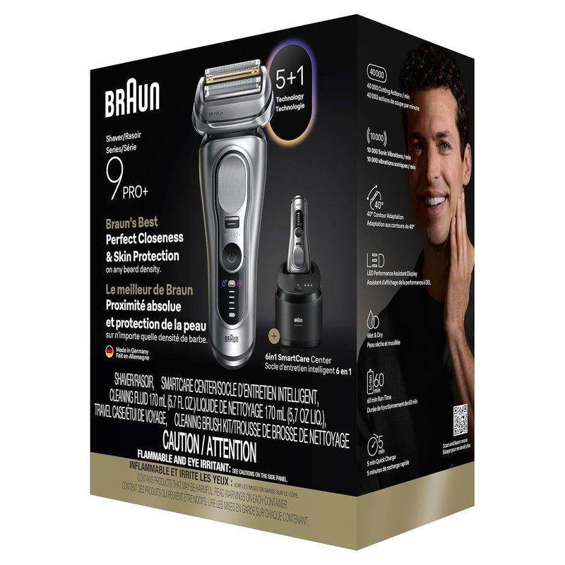 Braun Electric Razor for Men - Series 9 PRO+ Foil Shaver with Precision Trimmer | SmartCare Center, Silver, 9667cc