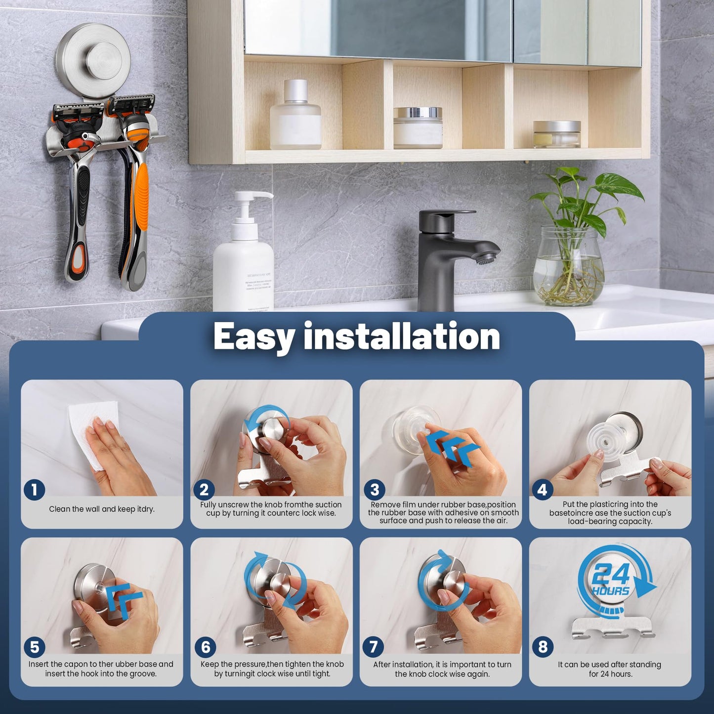 warlve No-Drill Suction Cup Razor and Shaver Holder, Stainless Steel Shower Hook for Towel & Loofah, Damage-Free Reusable Bathroom Wall Organizer (2, Brushed Nickel)