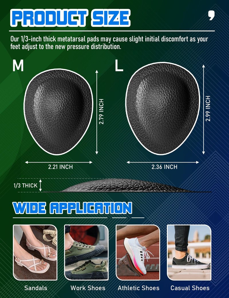 Orthostride Metatarsal Pads for Men, Ball of Foot Cushions for Pain Relief, Comfortable Forefoot Support for Metatarsalgia and Morton's Neuroma, 1/3 Inch Thick Self-Adhesive Foot Pads, 2 Pairs L