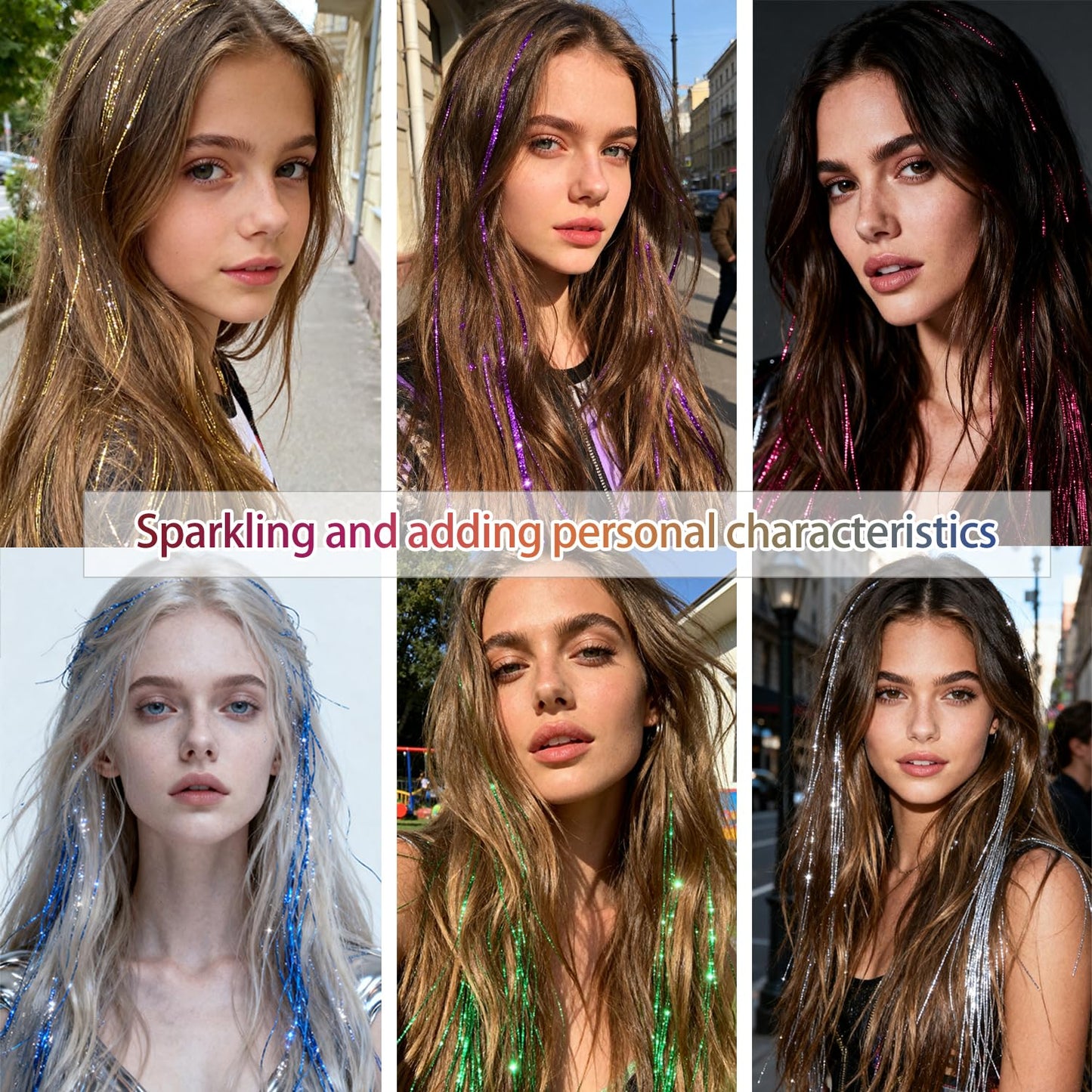 Colorful Glitter Hair Tinsel Set 47 Inch 12 Colors 2400 Strands, Shiny Fairy Hair Extensions with Tools for Women Girls Daily and Party Hairstyling