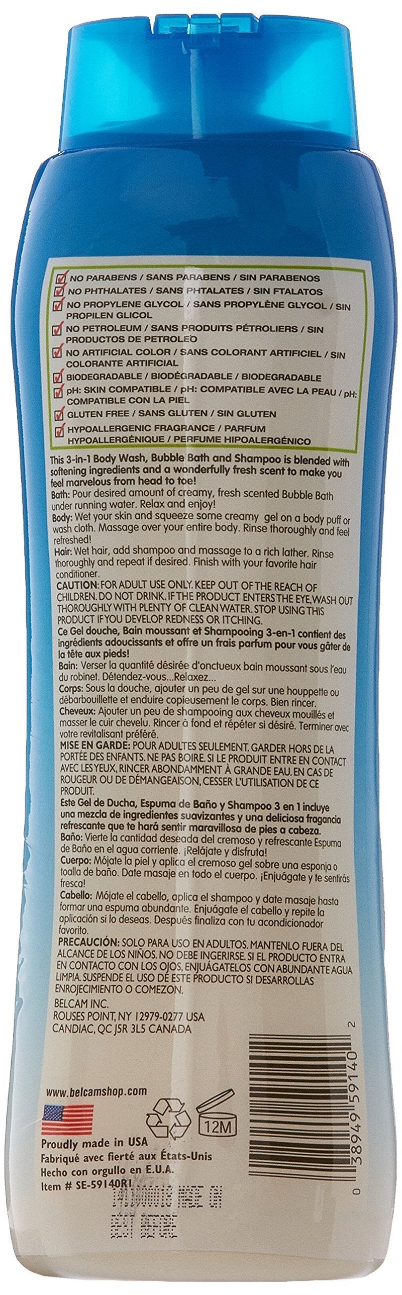 Belcam Bath Therapy 3 in 1 Body Wash, Bubble Bath & Shampoo, Sweet Vanilla, 32 oz,WHITE
