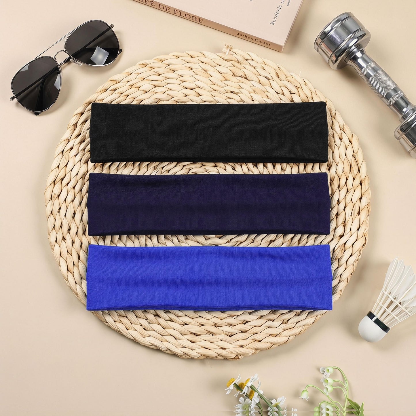 WENNKINN Headbands for Women Non Slip, Soft Elastic Cloth Hairband for Workout Gym Running Sports, Sweat Wicking Wide Headband, 3 Pack with Bag (Black, Navy Blue, and deep Blue)