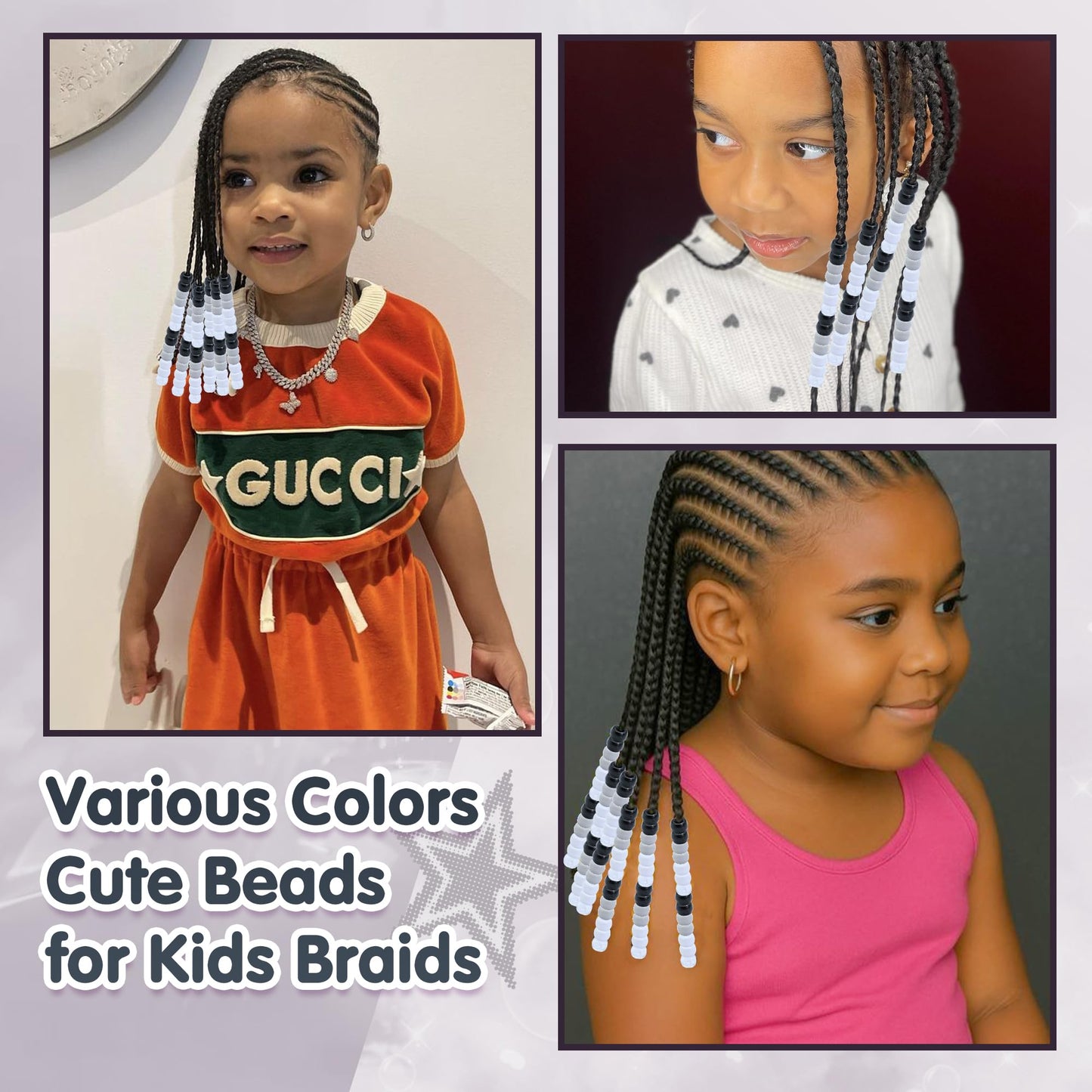 NAISKA 200PCS Black Pony Bead White Gray Hair Beads for Locs Small Flat Braids Beads 4 Colors Hair Accessories for Kids Girls Boys