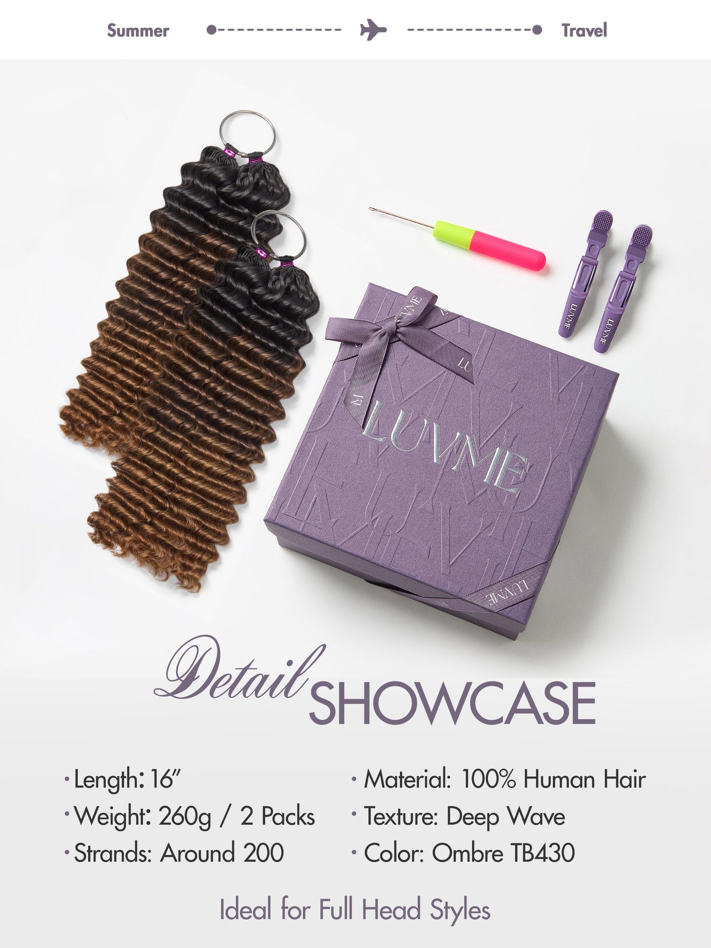 LUVME Deep Wave Crochet Hair 2 Pack, 16 Inch 260g About 200 Strands, Pre-Separated & Pre-Fluffed Human Crochet Hair Extensions, Balayage Brown, Full Volume, Lightweight & Tangle-Free