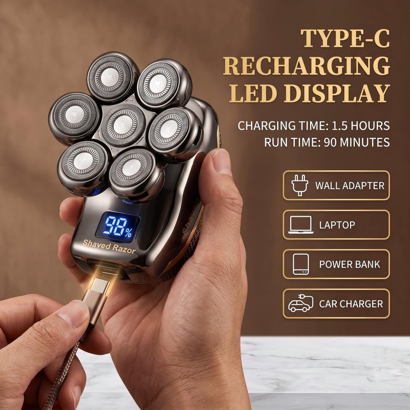 Upgraded 7D Electric Head Shaver for Men: Waterproof Wet & Dry Razor with Detachable Heads, LED Display, Rechargeable Grooming Kit with Type-C Fast Charging
