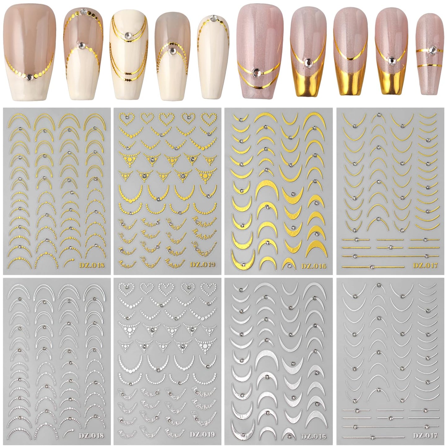 8PCS Line Nail Art Sticker Gold Silver Foil Nail Stickers Nail Art Supplies 3D Metallic Curve Stripe Wave Lines Nail Decals French Nail Design with Rhinestone Accessories Striping Tape Wavy Nail Decor