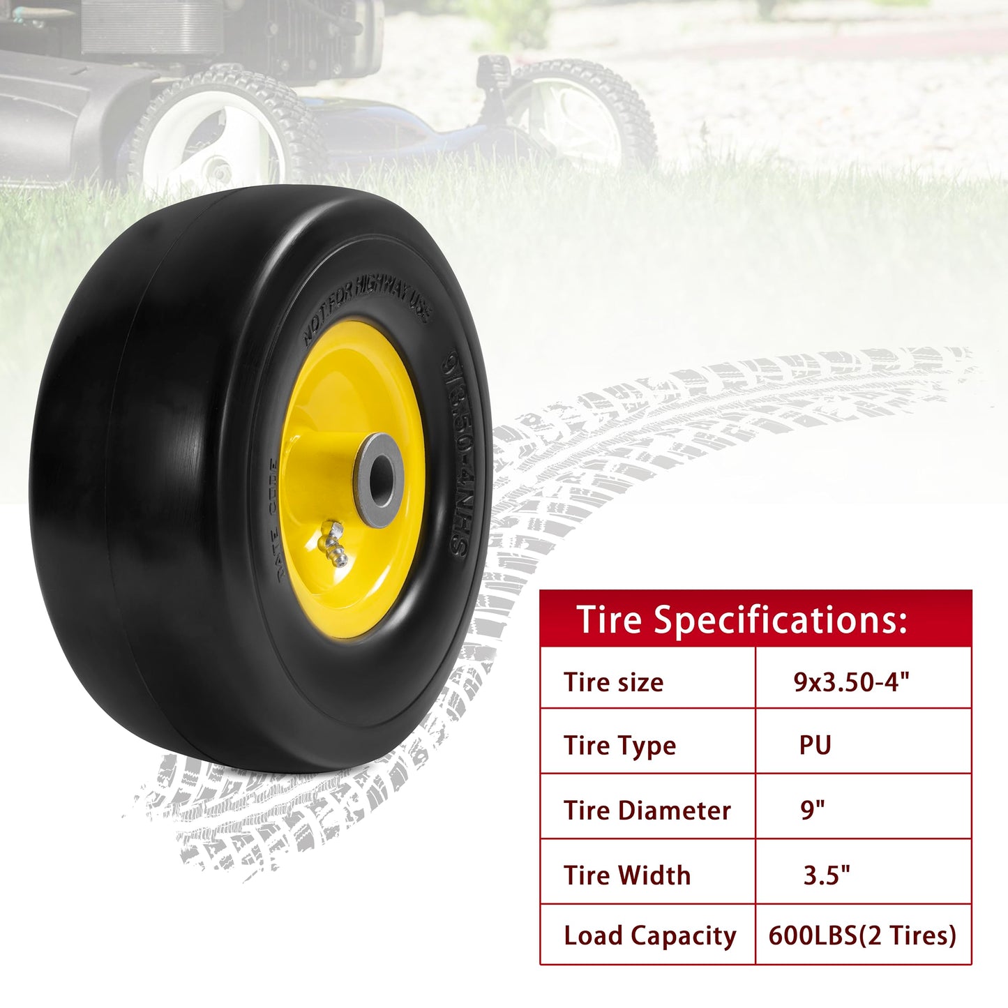 Parts Camp 9x3.50-4" Flat Free Tire and Wheel Lawnmower Tire,front zero turn mower/garden tractors/wheelbarrows/garden carts Tires With 3/4" & 5/8" Bushing,3.5"-4" Centered Hub(Set of 2)