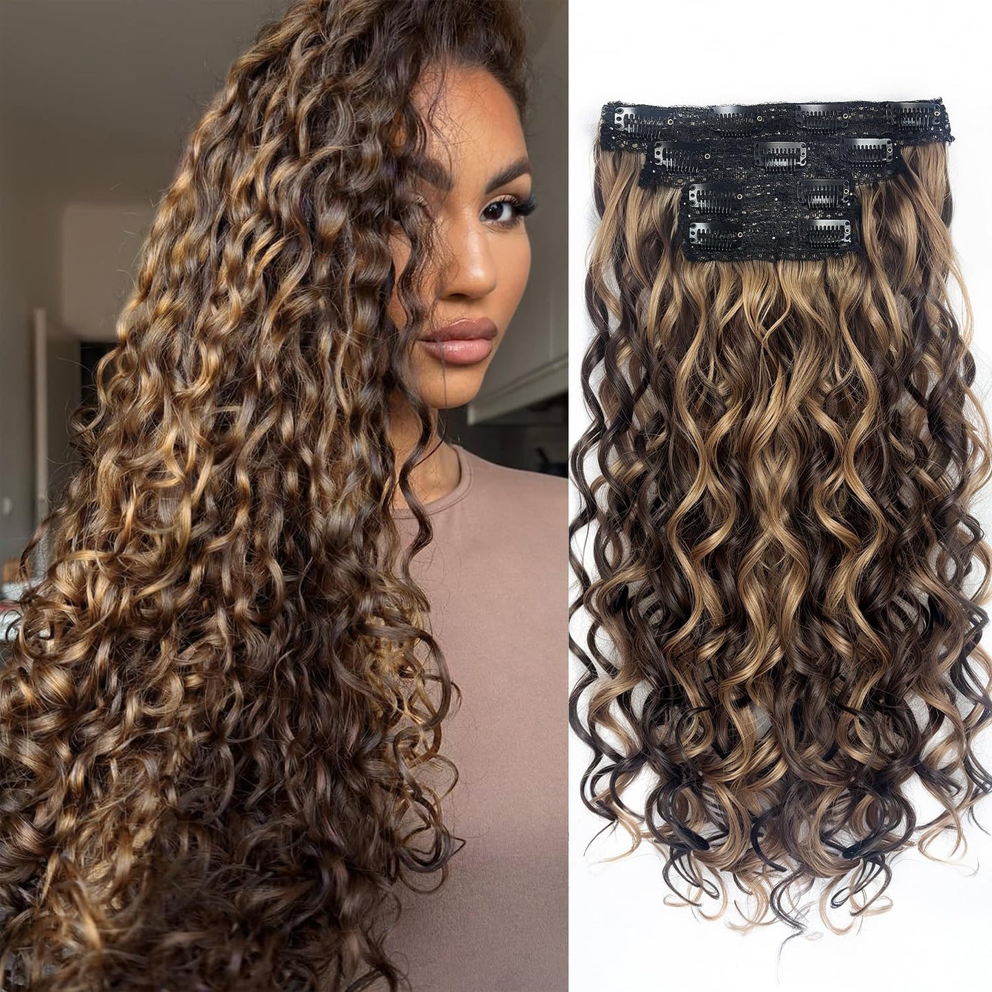 Curly Clip-In Hair Extensions - 20 Inch Thick Natural Synthetic Hairpieces | 4PCS Black