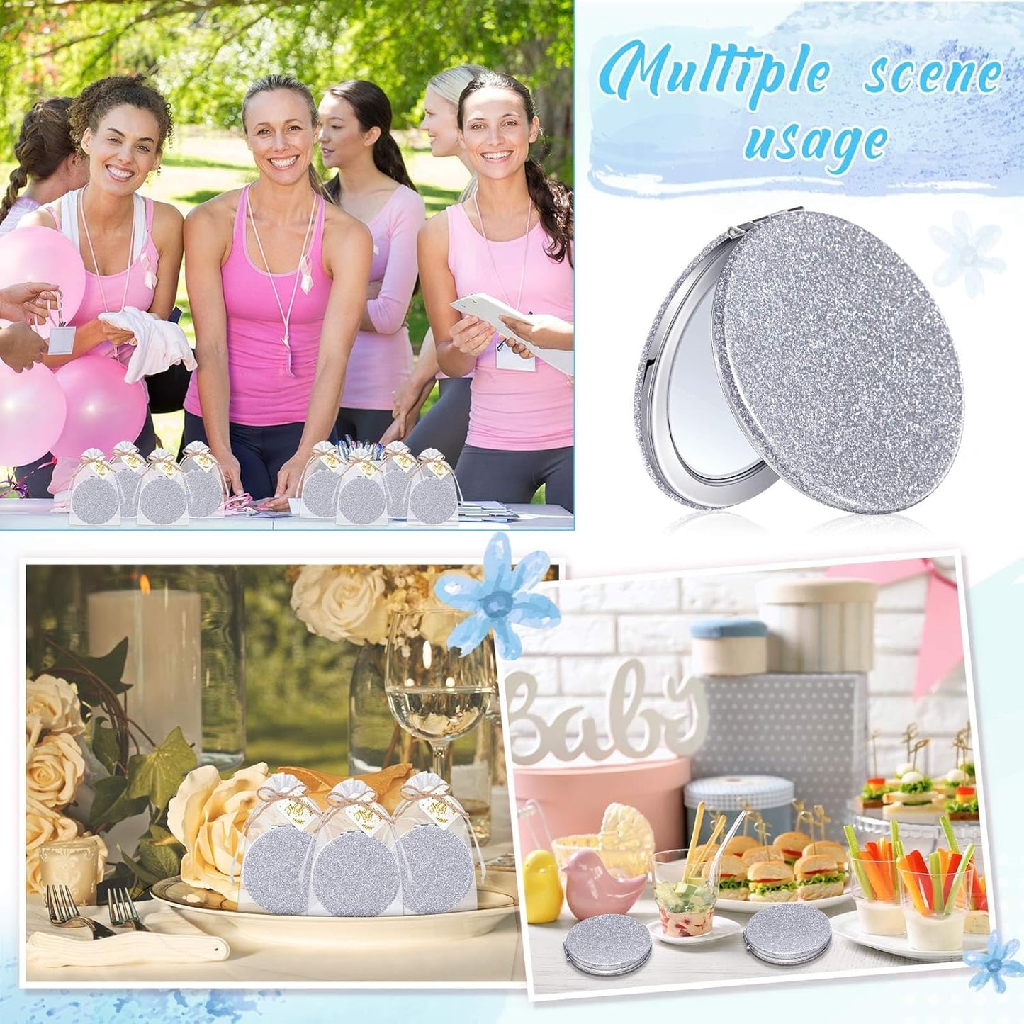 Compact Magnifying Mirrors - 30 Sets with Thank You Cards | Quinceanera Party Favors, Bridal Shower Gifts, Silver