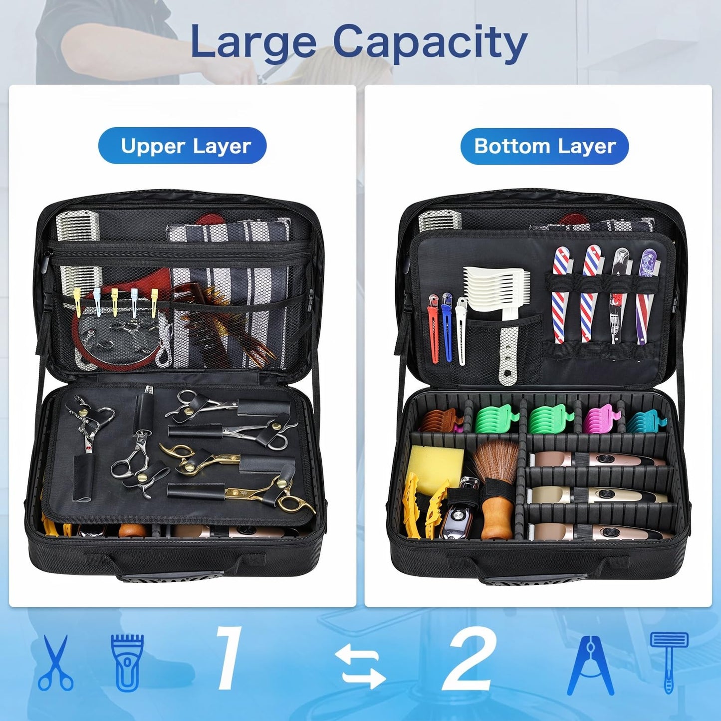 Yueieoun Professional Barber Clipper Case Organizer Bag with Adjustable Dividers, Detachable 6-Slot Scissors Panel, Travel Grooming Tool Storage - Fits Wahl/Andis/Hatteker