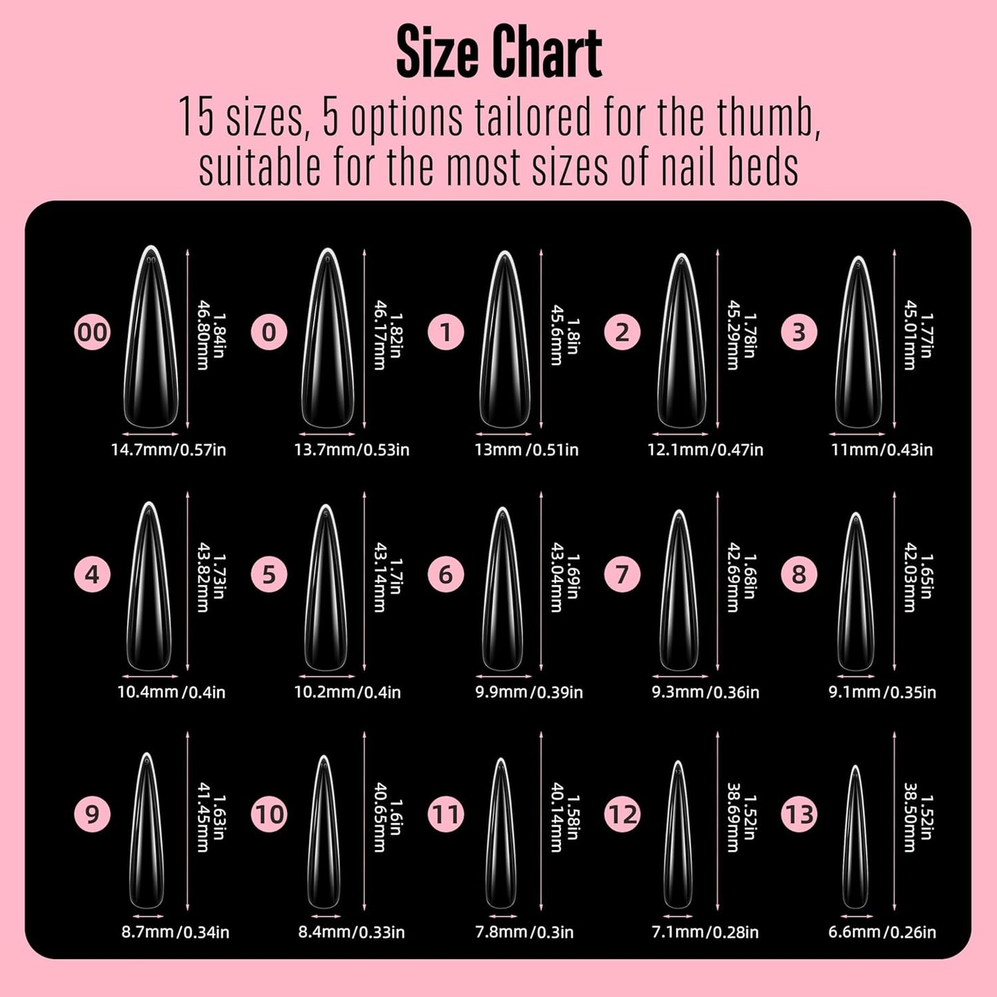 XXL Stiletto Almond Nail Tips - Extra Thick Long Press-On Nails, Full Cover Soft Gel, 300pcs in 15 Sizes