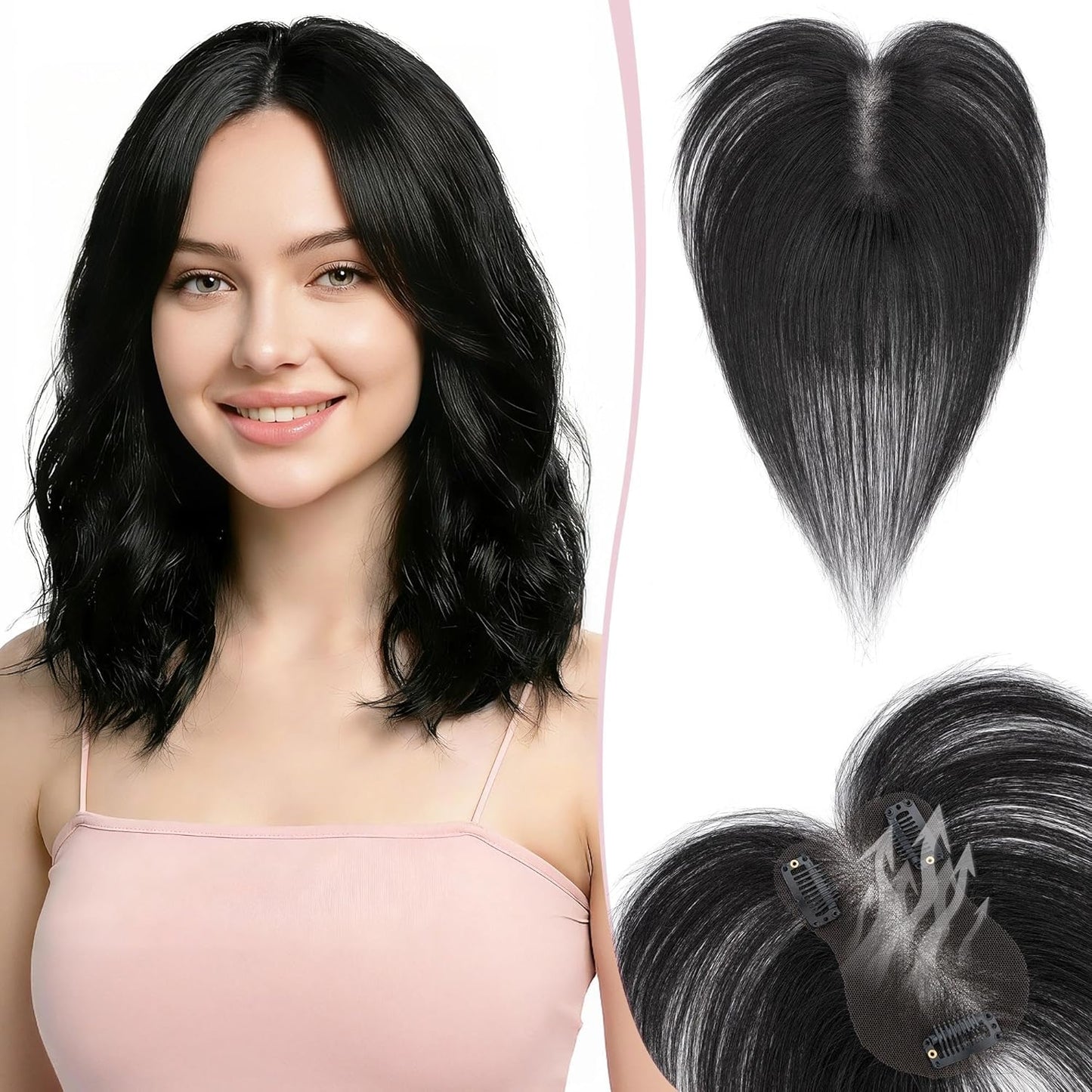 Real Human Hair Toppers for Women - Hand-Tied Clip-In Hairpieces with Side Bangs | 11-Inch Dark Brown
