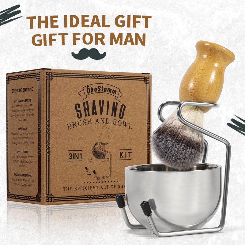 ÖkoStamm Shaving Brush and Bowl - Bamboo Shaving Brush for Men with Synthetic Badger Bristle, Starter Men’s Shaving Kit for Wetting Shave