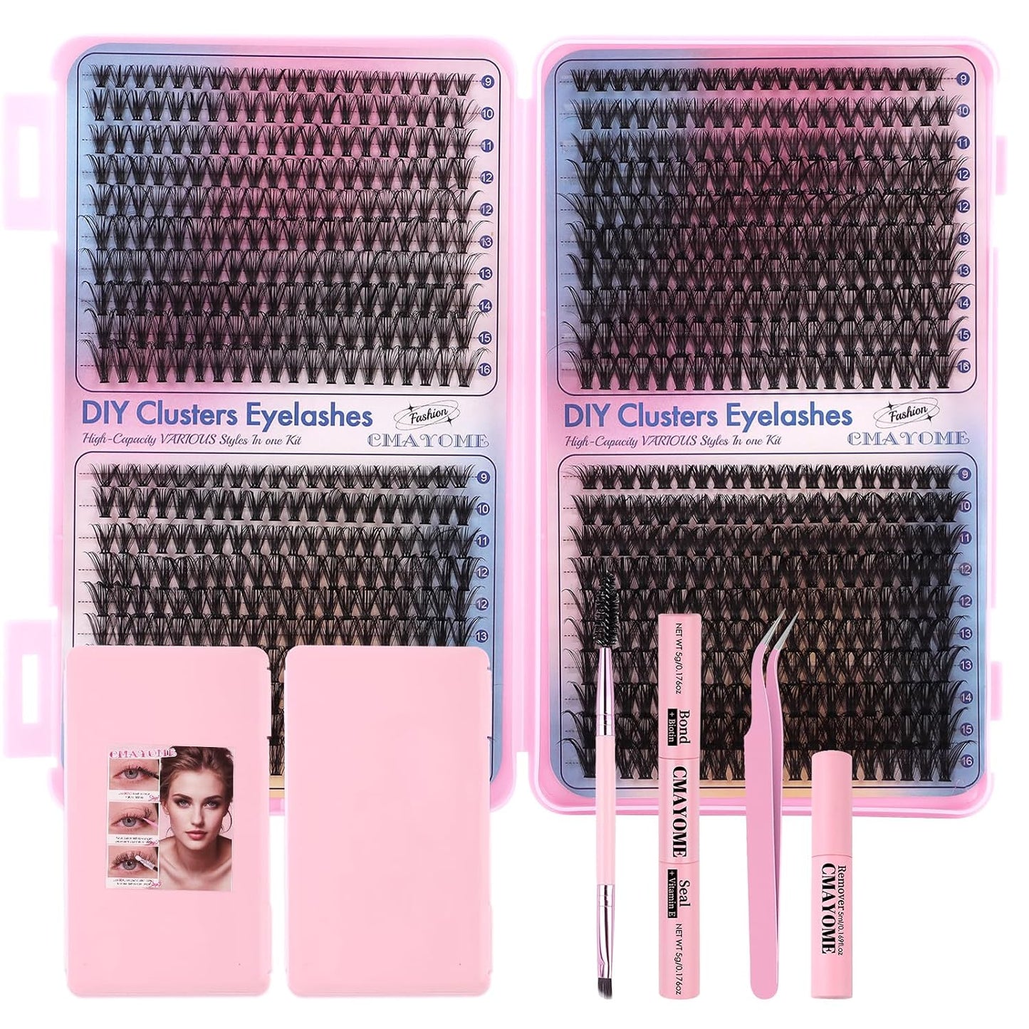 Lash Extension Kit - 50D 60D 80D 100D Individual Lash Clusters with Bond, Seal & Tweezers | 800 Pcs Set