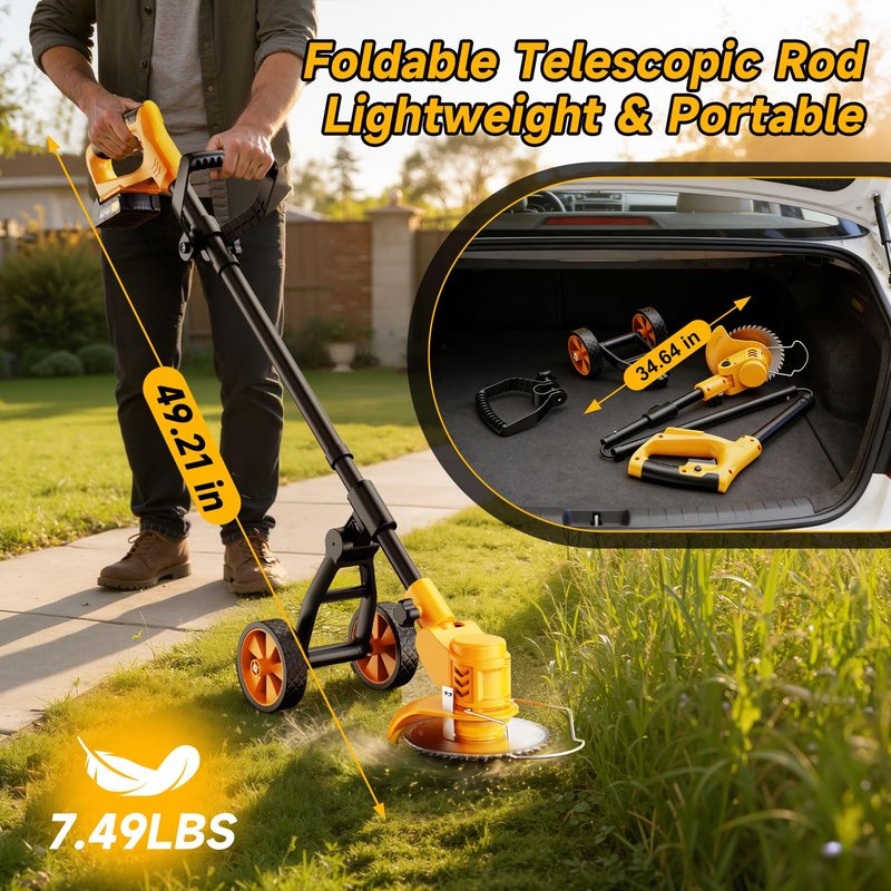 Electric Weed Wacker Cordless with Wheels,Electric Weed Eater Battery Powered 4000mAh,4 in 1 Grass Trimmer/Brush Cutter/Grass Edger/Lawn Mower,No String Trimmer with Blade, 2 Battery (Black Yellow)