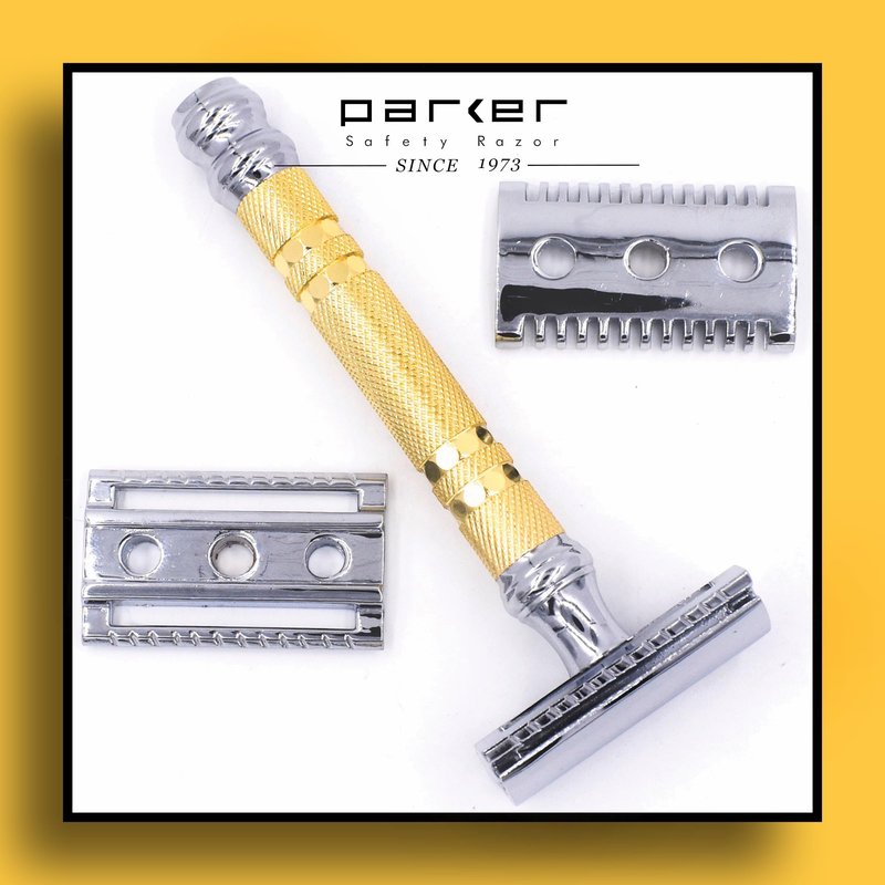 Parker, "The Convertible", Double Edge Safety Razor – Interchangeable Open & Closed Comb Plates, Solid Brass/Chrome 93 g Handle, Customizable Shave from Mild to Aggressive