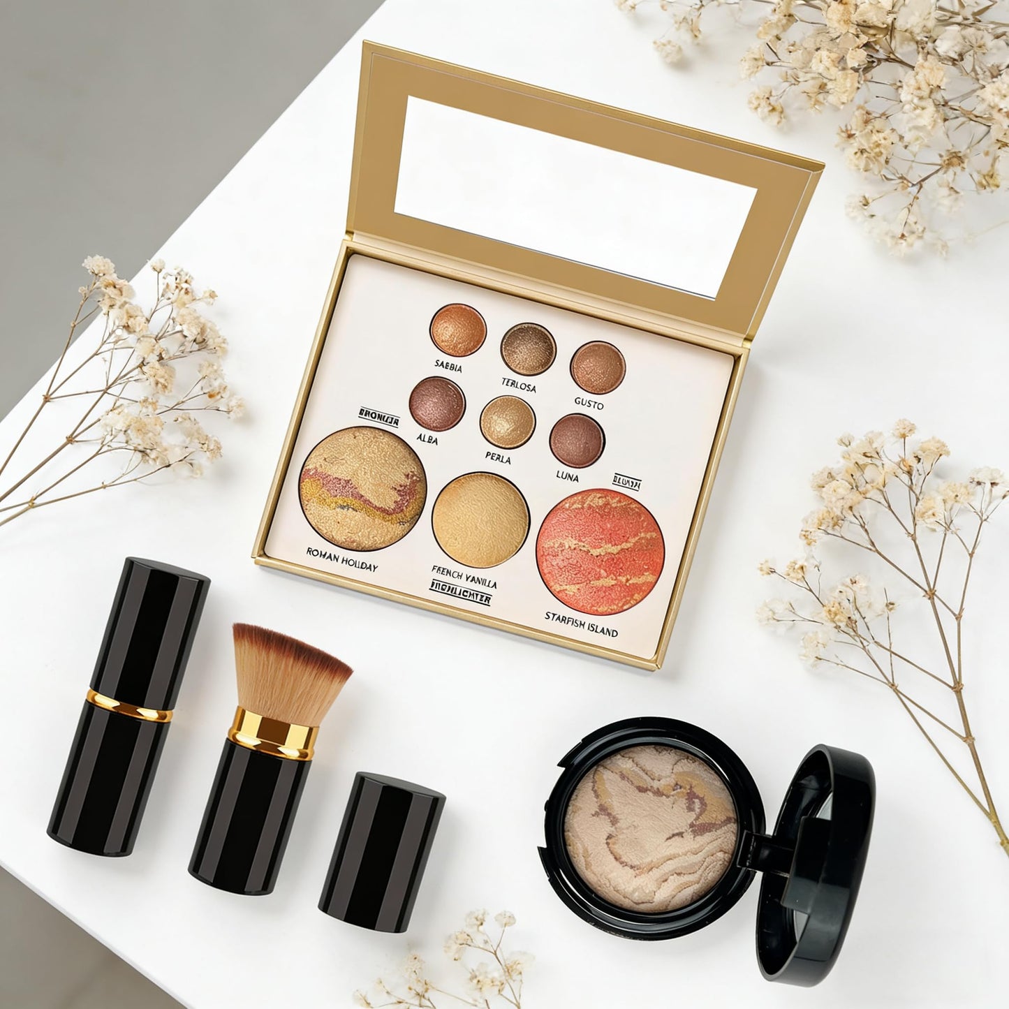 K'APEINE Baked Makeup Palette Set- 9Colors Brown Makeup Palette, Single Baked Powder Foundation & Retractable Blush Brush, Travel Makeup Set Waterproof,Long Lasting For Older Women-02
