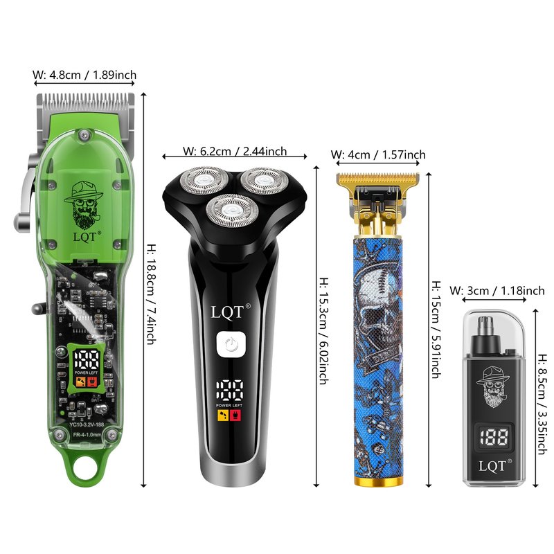 LQT Hair Clippers for Men, 4 Pcs Professional Cordless Rechargeable Transparent Plastic Clipper Set Body Trimmer Electric Razor for Men Nose and Ear Hair Trimmer with Bag, to Son Husband Father Gift
