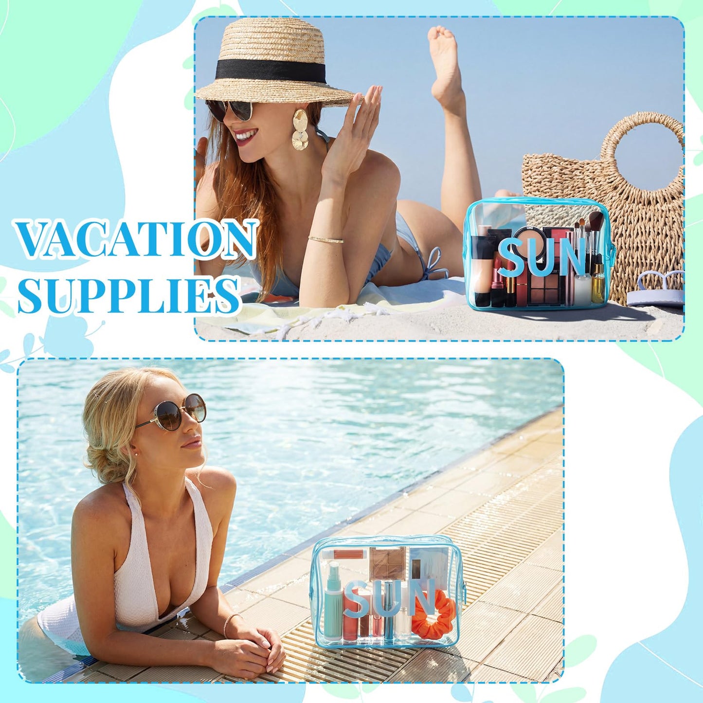 Shinylin Clear Sun Bag Travel Beach Makeup Pouch 9.5" x 7" x 3.5" Large Blue Toiletry Cosmetic Bag PVC Waterproof Transparent Zippered Organizer for Women Girl Summer