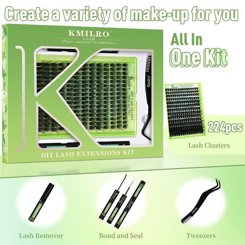 Kmilro Lash Clusters Kit - 224Pcs Volume Eyelash Extensions, 8-18mm Soft Wispy Individual Lashes | Ultra-Thin Black Band