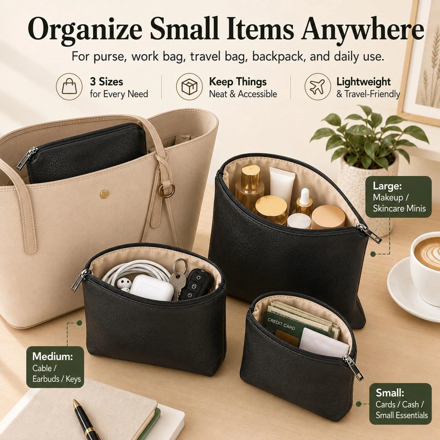 BBORGDC Small Cosmetic Bag Set of 3 for Purse, Black PVC Cosmetic Pouches, 3 Sizes Zipper Organizer for Travel & Toiletries, Gift for Her Birthday, Wife & Mom