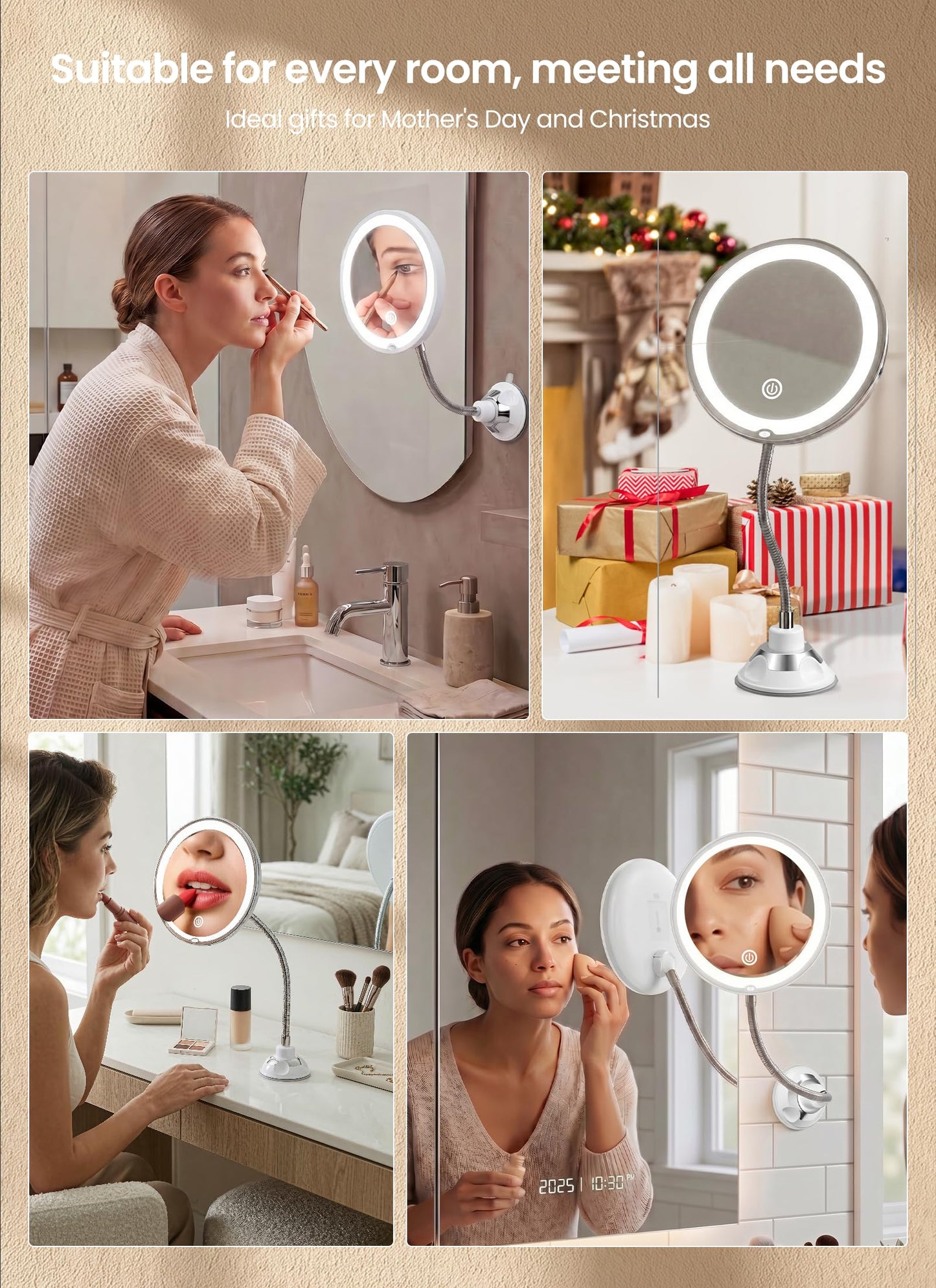 Brightown 10x Makeup Mirror with Lights and Magnification,Flexible Gooseneck Magnifying Mirror with 3 Lighting and Adjustable Brightness,Battery Operated with Suction Cup for Bathroom Bedroom, White
