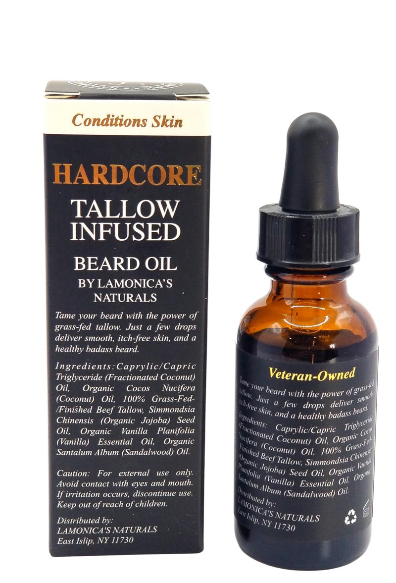 LAMONICA'S NATURALS Beard Oil for Men –TALLOW-INFUSED, Softens & Moisturizes Beard – Organic Sanadalwood + USDA Vanilla Scent – Veteran-Owned Grooming – HARDCORE