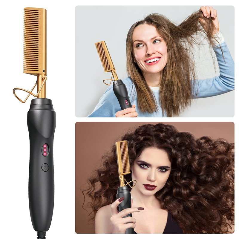 Electric Hot Comb Hair Straightener - Pressing Combs, Ceramic Hair Straightening Comb, Curling Iron for Natural Black Hair Men Beard or Holiday Gift - Glod 3 In1