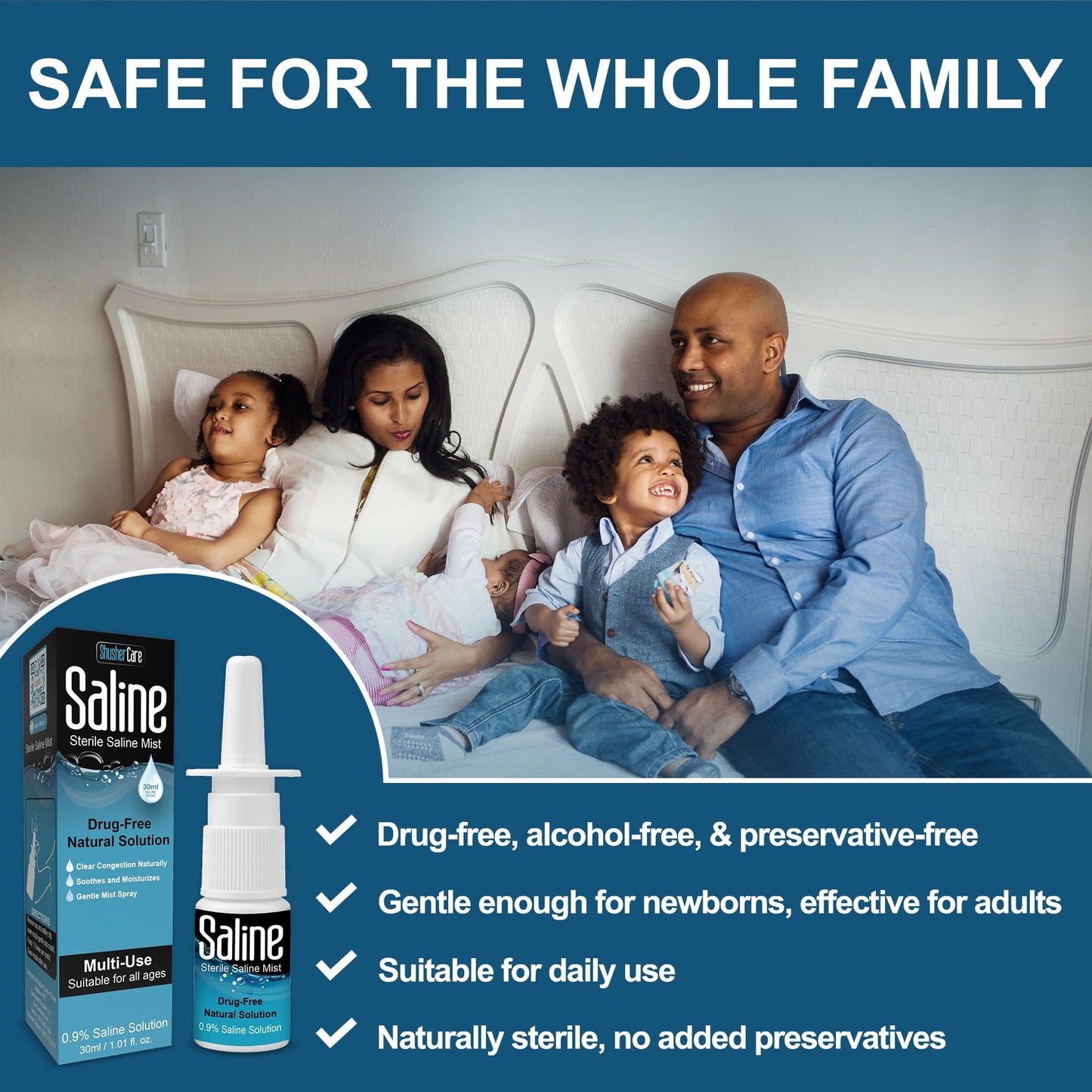 Saline Spray for Nose - Nasal Spray Saline Solution for Newborn, Baby & Adults, Salt Water Decongestant Mist for Stuffy Nose, Travel Friendly, Natural, 0.9% Saline - 30 ml (Pack of 3)