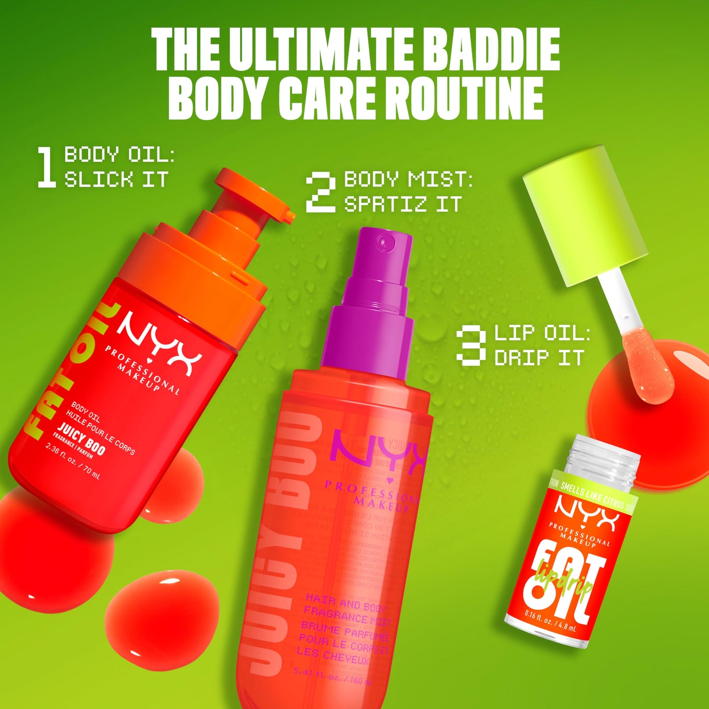 NYX PROFESSIONAL MAKEUP Fat Oil Body Oil in Juicy Boo, Citrus Scented Body Glow Moisturizer With Vitamin E for 24HR Hydration and Glowing Skin, Brightening Finish, Vegan & Cruelty-Free