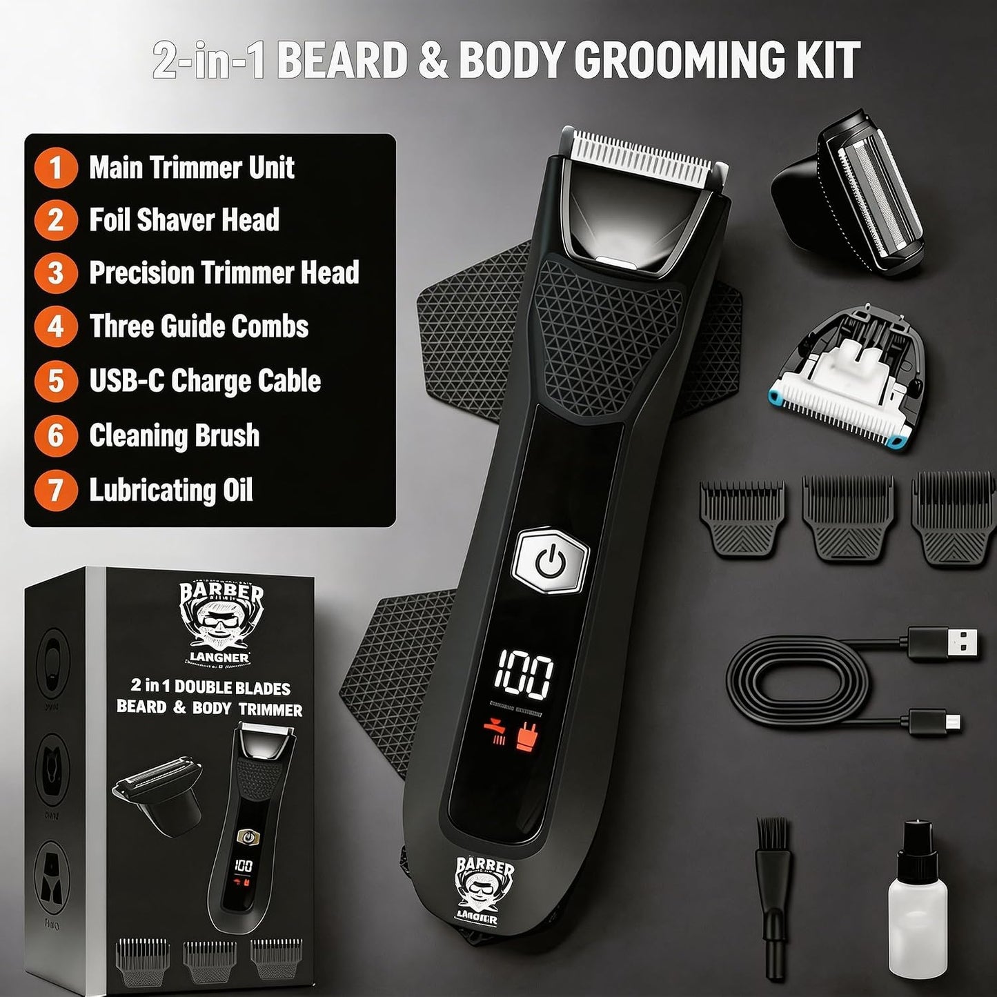 Body Hair Trimmer for Men - 2-in-1 Electric Groomer with Dual-Head Ceramic Blade | IPX7 Waterproof, LED Light