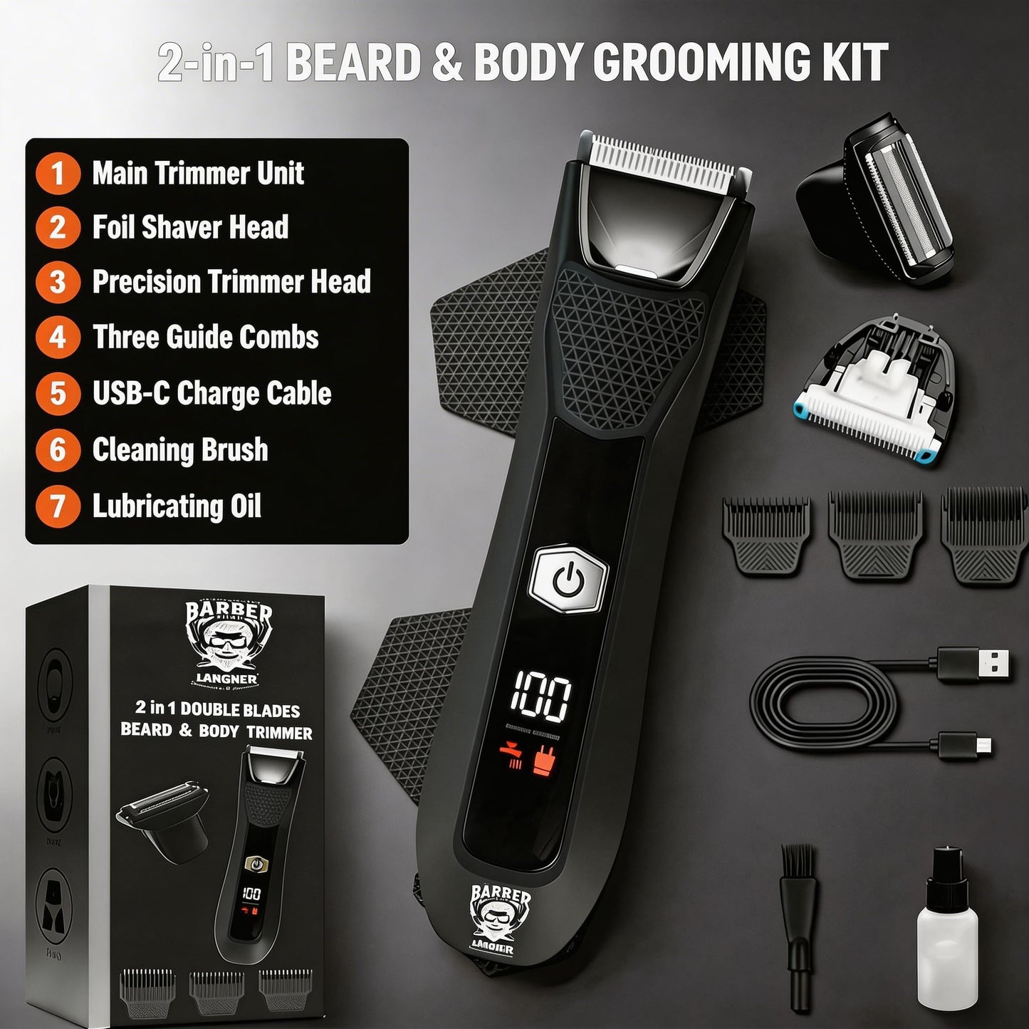 Body Hair Trimmer for Men, 2-in-1 Pubic Hair Ball Trimmer Hair Groomer Hair Shaver with Dual-Head, Ceramic Blade Electric Razor Body Shavers,No-Nick Shaving,IPX7 Waterproof & LED Light