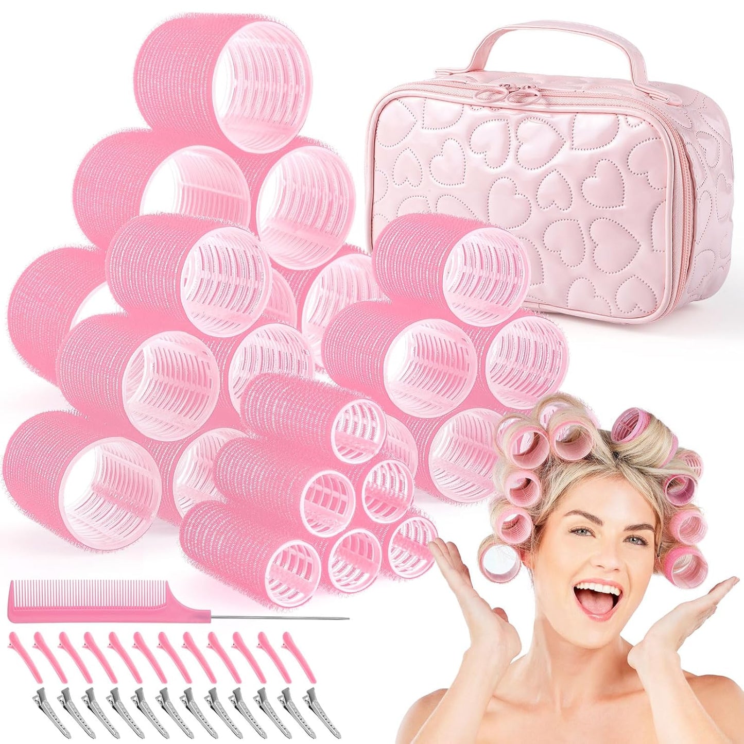 Self-Grip Hair Rollers Set - 50 Pcs for Long, Short Hair & Bangs | 4 Sizes (25mm, 36mm, 48mm, 60mm) - Pink